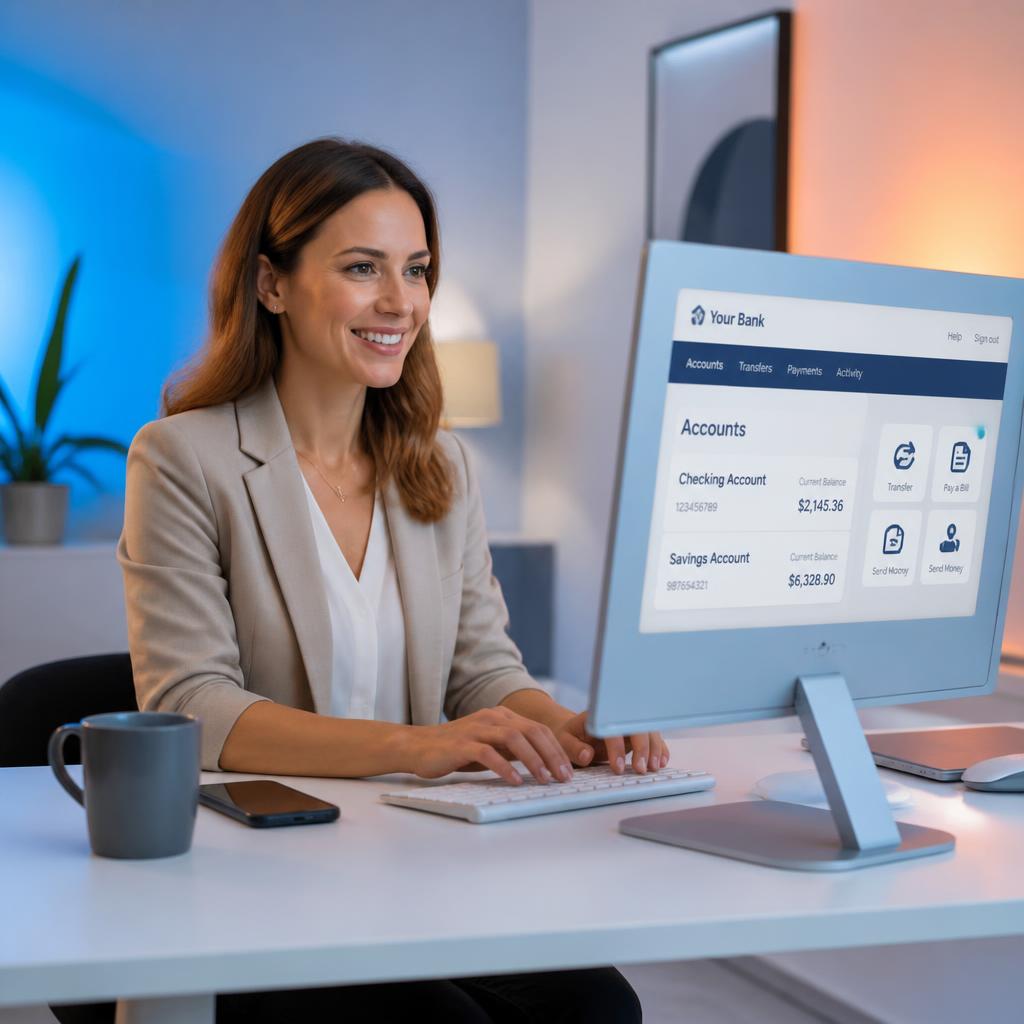 Customer managing her frithfrontequity accounts on a desktop computer